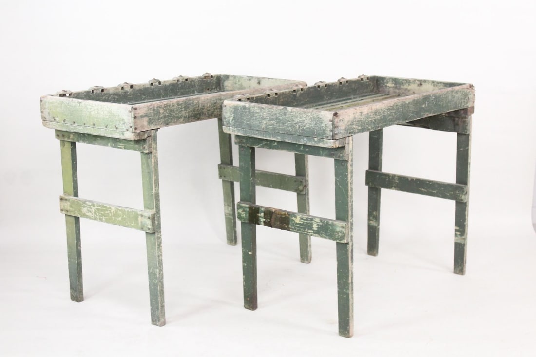 Pair of Green Painted Wood Slatted Folding Potting Work Tables (1 of 10)