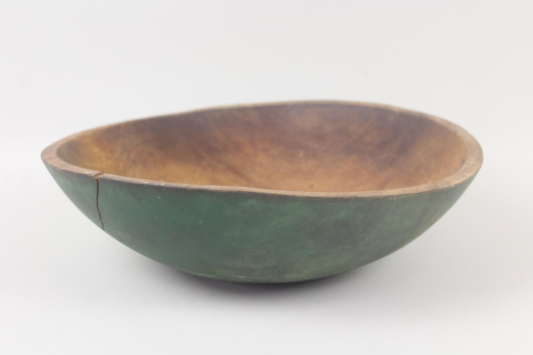 Primitive Turned Wooden Bowl, Painted Green Exterior (1 of 8)