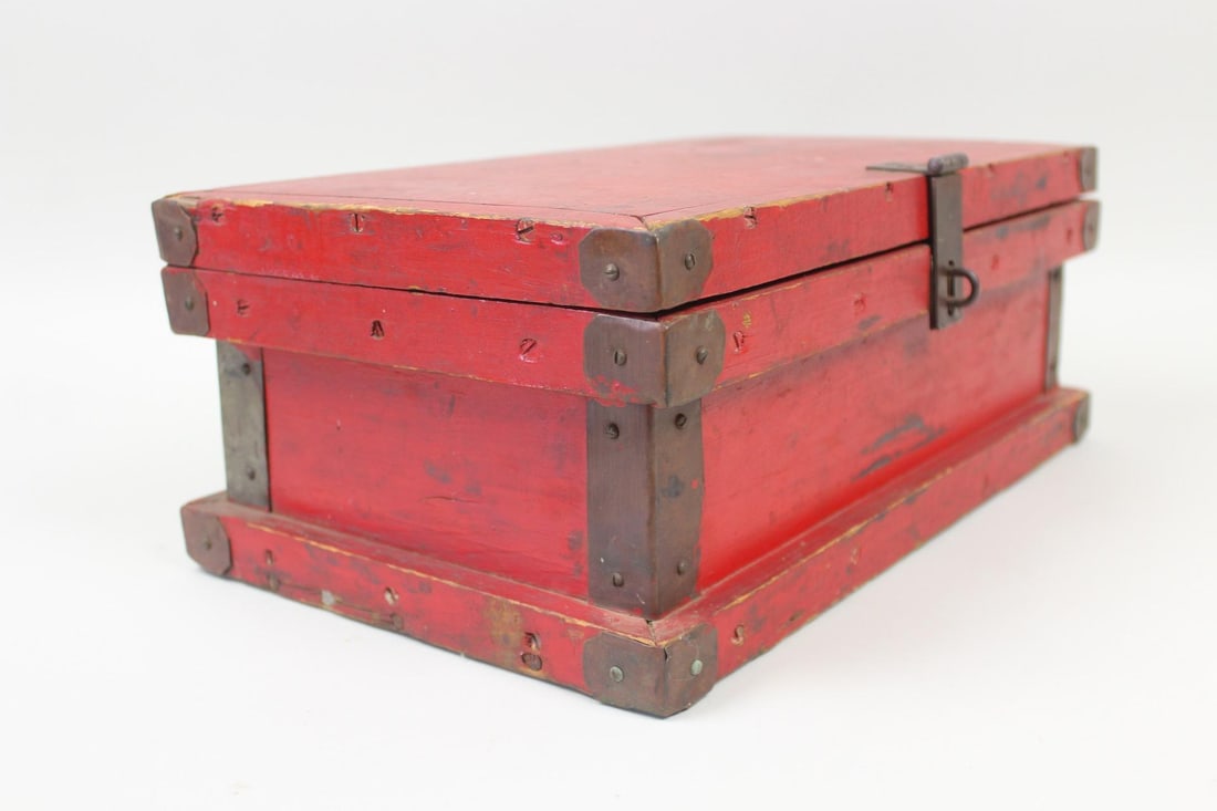 Red Painted Wood & Brass Miniature Chest, Primitive Box (1 of 10)