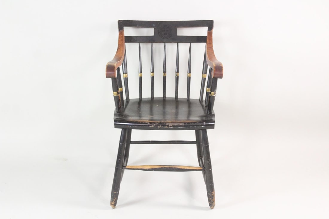Harvard University Captain's Chair, Professor Alumni: Harvard University Captain's Chair, Professor Alumni. Here is your chance to graduate from Harvard! Dimensions are 34.25 in h x 22.25 in w x 23 in d. Condition is good, wear to the seat and arms. Plea