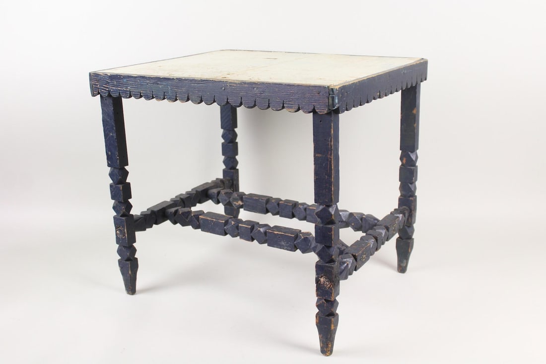 Brutalist Carved Wood Painted Blue Side Table, Folk Art (1 of 10)