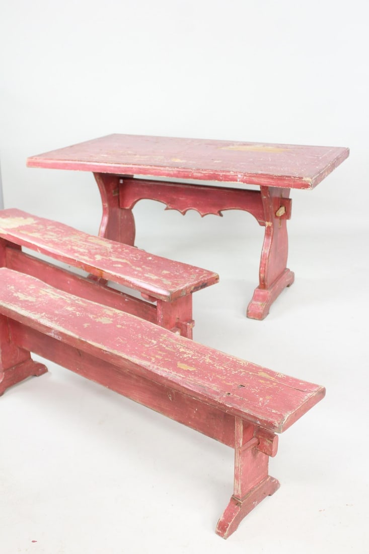 Painted Pink Wood Farm Table Set with 2 Trestle Benches (1 of 11)