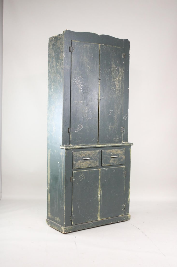 7-Foot Primitive Green Painted Wood Step Back Cabinet, Etched Sketches (1 of 19)