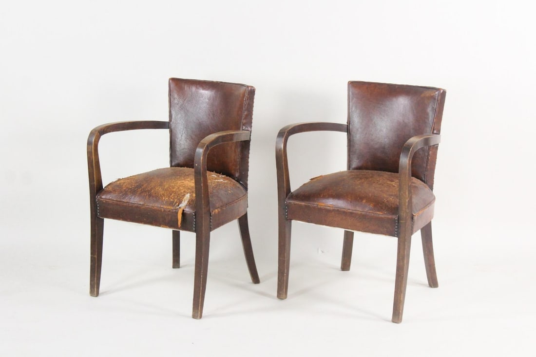 Pair of Art Deco Wood & Studded Leather Bridge Chairs (1 of 10)