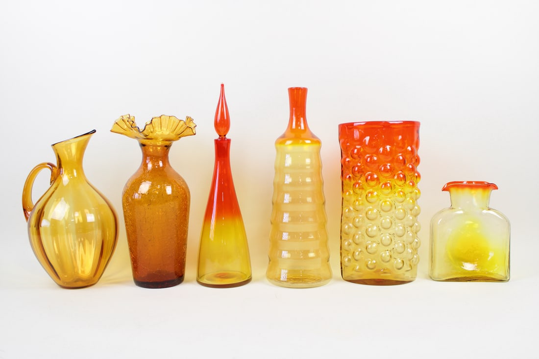 Lot of 6 Mid-Century Modern Red Ombre & Amber Art Glass Vessels, Blenko Amberina
