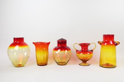 Lot of 5 Mid-Century Modern Red Ombre Art Glass Vessels, Blenko Amberina