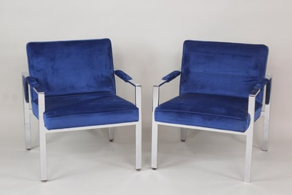 Pair of Milo Baughman Style Chrome & Blue Velvet Armchairs