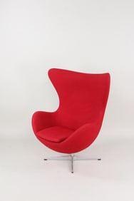 Space Age Mid-Century Red Egg Chair with Pouf, Arne Jacobsen