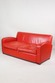 Postmodern Red Leather & Wood Loveseat Sofa, Paul Frankl Style