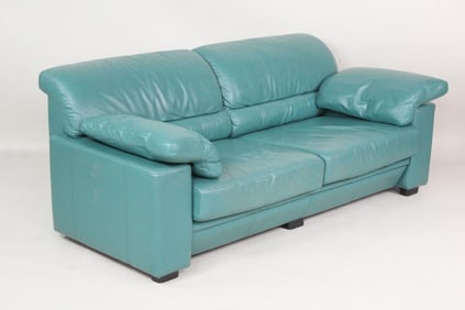 Postmodern Green Leather & Wood Loveseat Sofa, De Sede Style