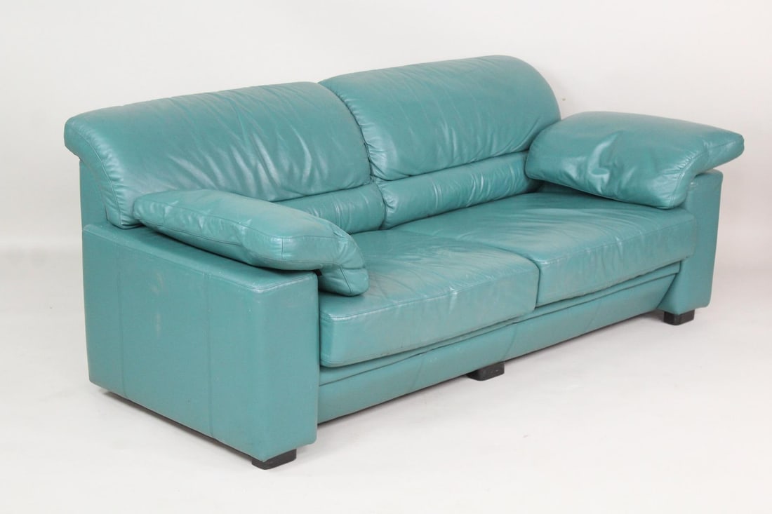 Postmodern Green Leather & Wood Loveseat Sofa, De Sede Style (1 of 8)