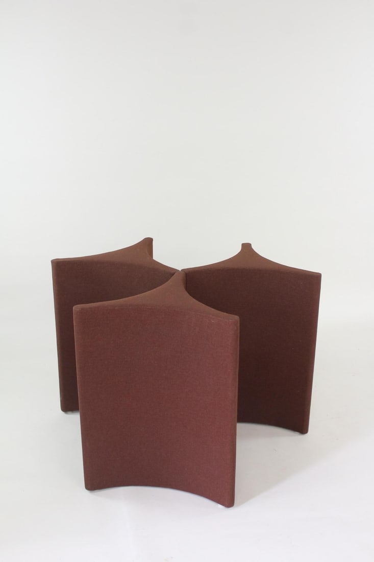 Set of 3 Postmodern Fabric Upholstered Pedestals: Set of 3 Postmodern Fabric Upholstered Pedestals. These triangular stands are covered in brown fabric and can be used to display items in their current state, or can have tops added to become more lik
