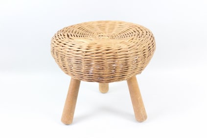 Mid-Century Modern Tony Paul 3-Legged Wicker & Wood Stool