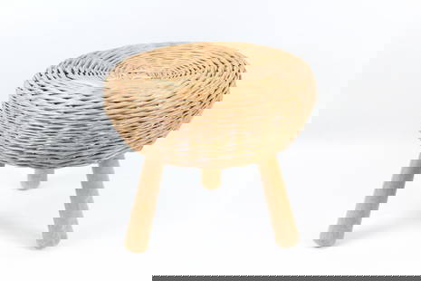 Mid-Century Modern Tony Paul 3-Legged Wicker & Wood Stool: Mid-Century Modern Tony Paul 3-Legged Wicker & Wood Stool. Short rounded peg legs support this foot stool with a woven rattan seat top. No marks, this is attributed to Tony Paul.Dimensions are 11.75 i