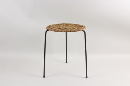 Mid-Century Modern Rattan & Iron Tripod Leg Stool