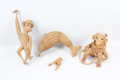 Lot of 4 Mid-Century Modern Wicker Animals, Monkey & Dolphin, Mario Lopez Torres Style