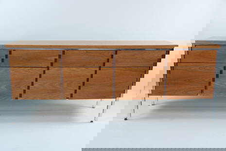 Mid-Century Modern Walnut & Chrome Credenza, Lehigh Leopold: Mid-Century Modern Executive Office Walnut & Chrome Credenza, Lehigh Leopold. This storage side unit has a metal frame supporting the long table top surface and 8 drawers. Marked inside drawer as Lehi