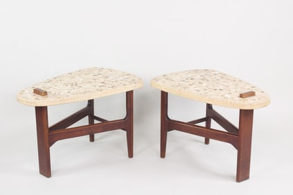 Pair of Mid-Century Modern Terrazzo & Walnut Side Tables, Harvey Probber