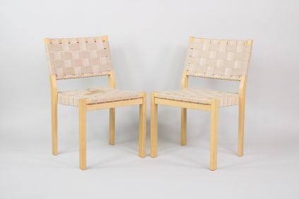 Pair of Alvar Aalto '611' Webbed Fabric & Wood Chairs