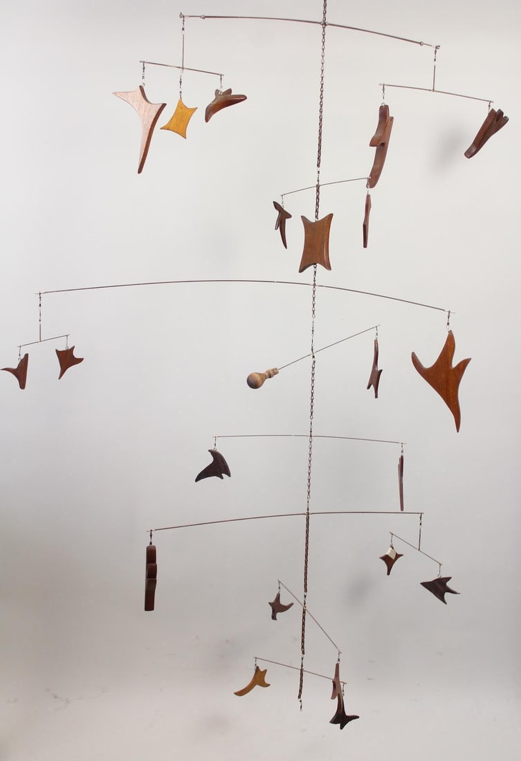Large Carved Wood "autumnal Fliers" Abstract Mobile Sculpture By Algae