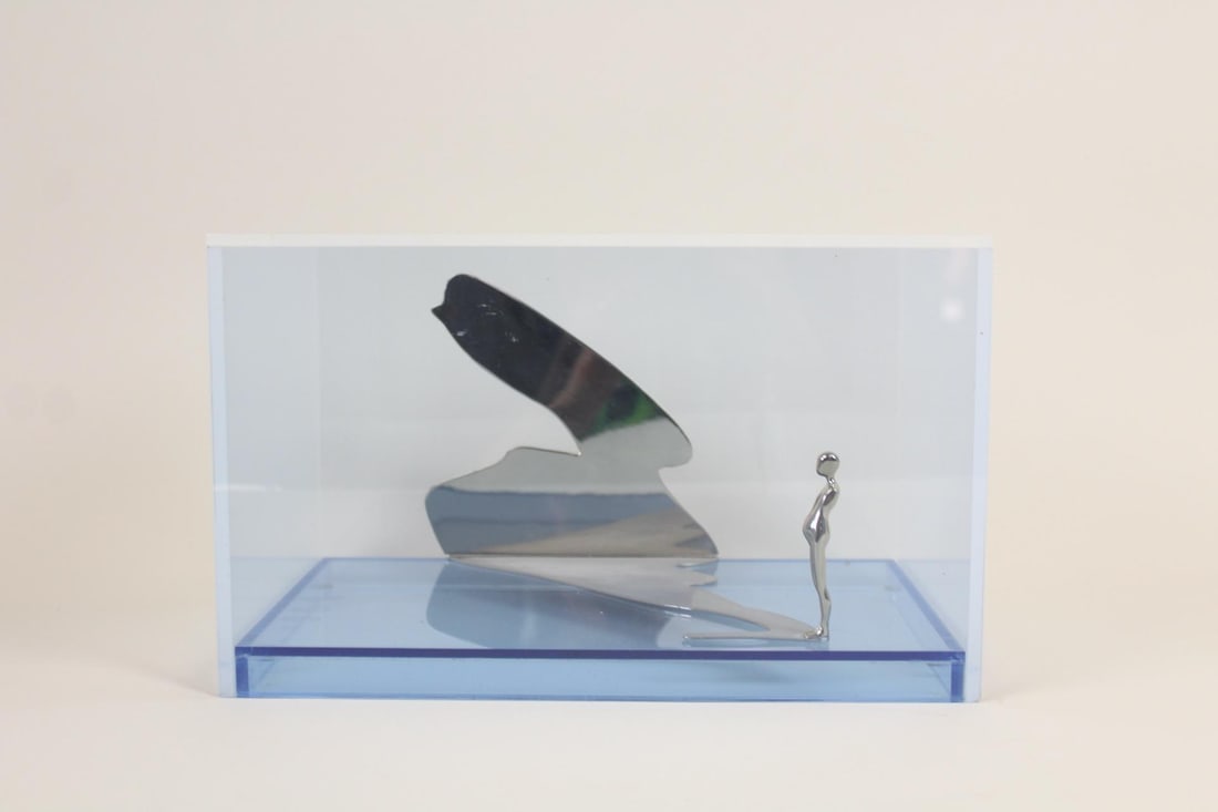 Ernest Trova "Falling Man/Shadow Man" Surreal Sculpture 1971: Ernest Trova "Falling Man/Shadow Man" Sculpture 1971. Made of nickel-plated bronze in a plexiglas case, by the artist Ernest Trova (American 1927-2009.) Stamped date and number on underside '71 52/150