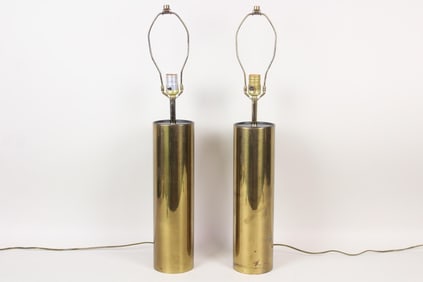 Pair of Mid-Century Modern Brass Cylinder Lamps, Robert Sonneman Style
