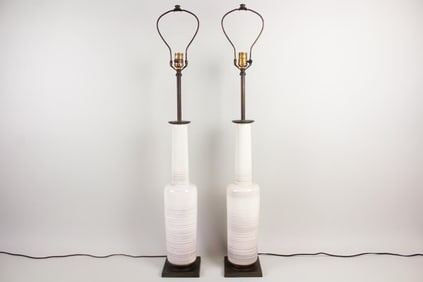 Pair of Mid-Century Modern Striped Ceramic Bottle Form Stiffel Lamps