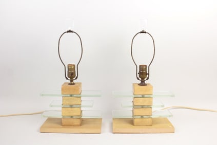 Pair of Mid-Century Modern Stacked Wood & Glass Lamps, Minimalist