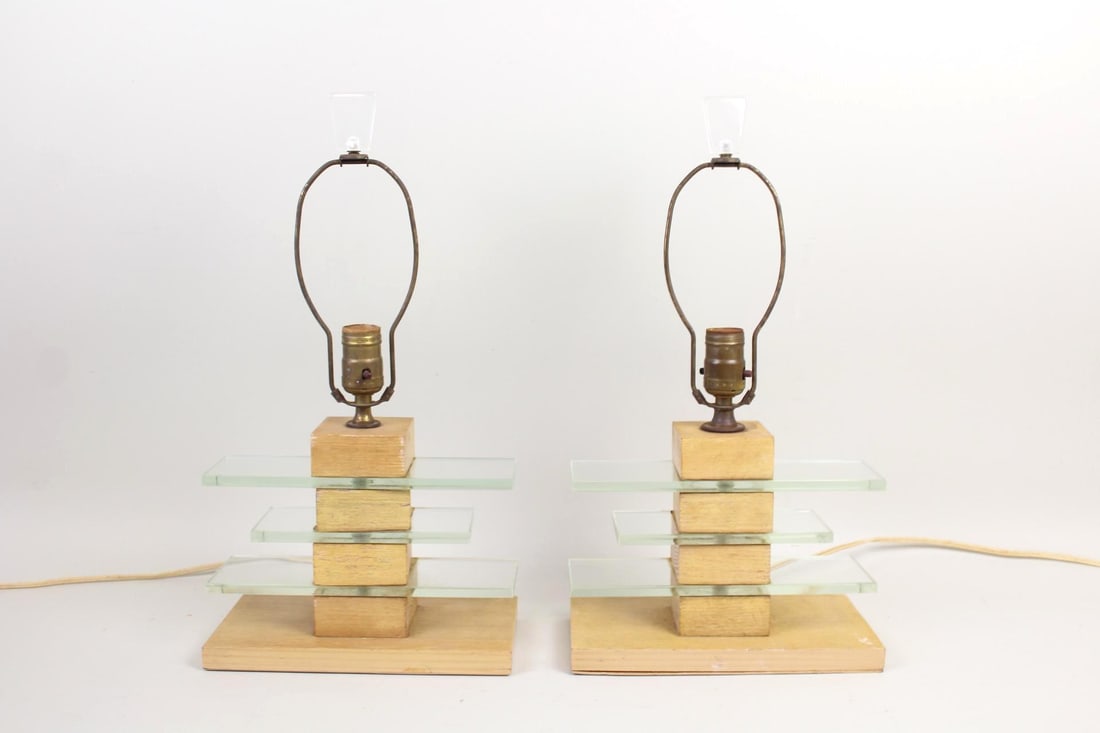 Pair of Mid-Century Modern Stacked Wood & Glass Lamps, Minimalist (1 of 12)