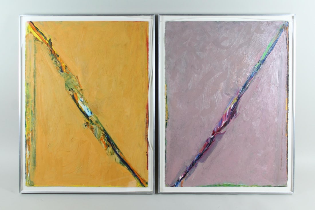 Pair of Richards Ruben Abstract City Paintings: Pair of Richards Ruben Abstract City Paintings. Matching pair of abstract paintings from Richard Ruben City series of the 1970s. Unsigned but in the style of Richards Ruben. We have not removed the pa