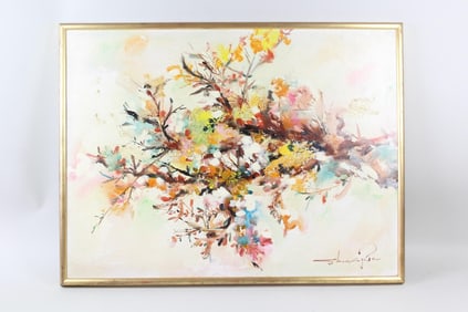 Framed & Signed Abstract Rainbow Flower Painting, Shoo Ching Wan