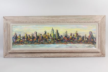Mid-Century Modern Painting of NYC Skyline, Signed Aaronson, 2 of 2
