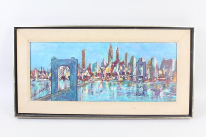 Mid-Century Modern Painting NYC Skyline Brooklyn Bridge, Signed Aaronson, 1 of 2