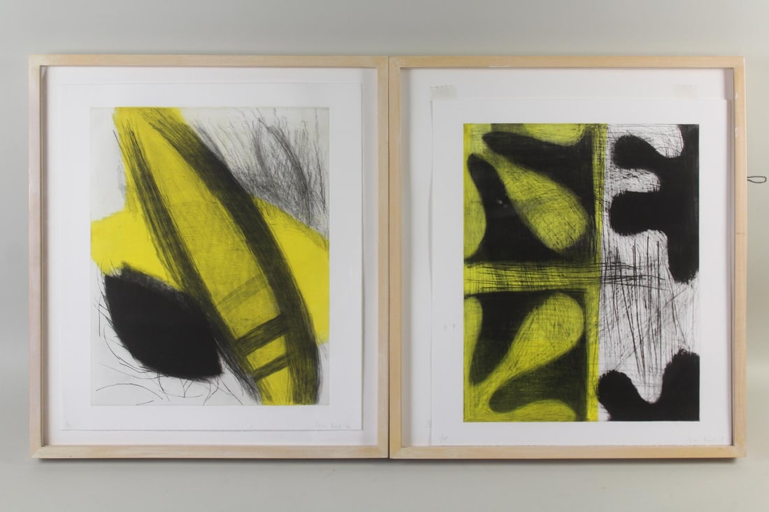 Pair of Jane Kent Abstract Black & Yellow Mezzotint Prints: Pair of Jane Kent Abstract Black & Yellow Mezzotint Prints. Signed in pencil lower right by the artist Jane Kent (American b.1952) and numbered 4/5 and 1/5 lower left. Dated 1986 and 1987) In matching