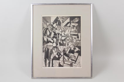 Cubist Etching with Faces & Fish, Signed 1955