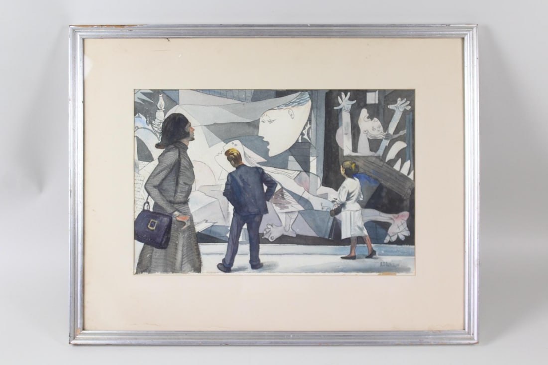 Framed Watercolor Painting of Viewers at Picasso's Guernica, R.D. Patterson: Framed Watercolor Painting of Viewers at Picasso's Guernica, R.D. Patterson. This painting depicts a scene of Guernica (1937) by Pablo Picasso being looked at by a man and women, in a cream colored ma