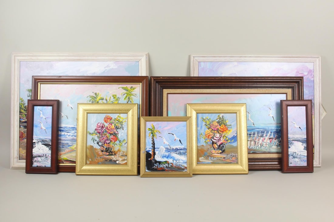Lot of 9 Framed & Signed Paintings by Morris Katz: Lot of 9 Framed & Signed Paintings by Morris Katz. These paintings by Jewish artist Morris Katz (Polish-American, 1932-2010), of flower bouquet still lifes and landscapes including shoreline beach and