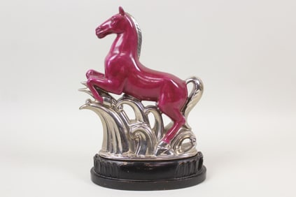 Art Deco Ceramic & Chrome Horse Figurine on Wooden Base