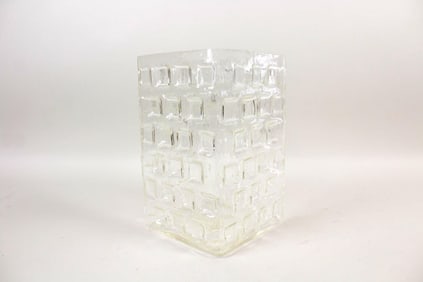 Mid-Century Modern Clear Pressed Glass Vase with Cubist Pattern