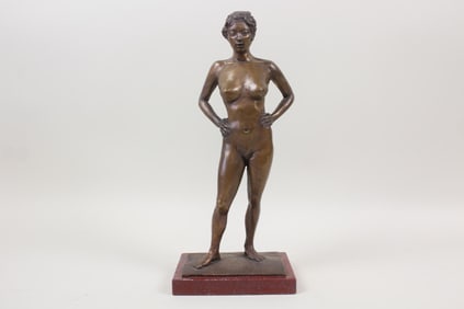 Signed & Numbered Italian Art Deco Bronze of Nude Woman on Stone Base