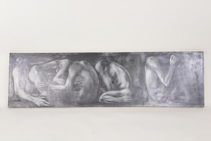 Large Black & White Mid-Century Oil Painting, "Crouching Figures" by Edward Castiglione