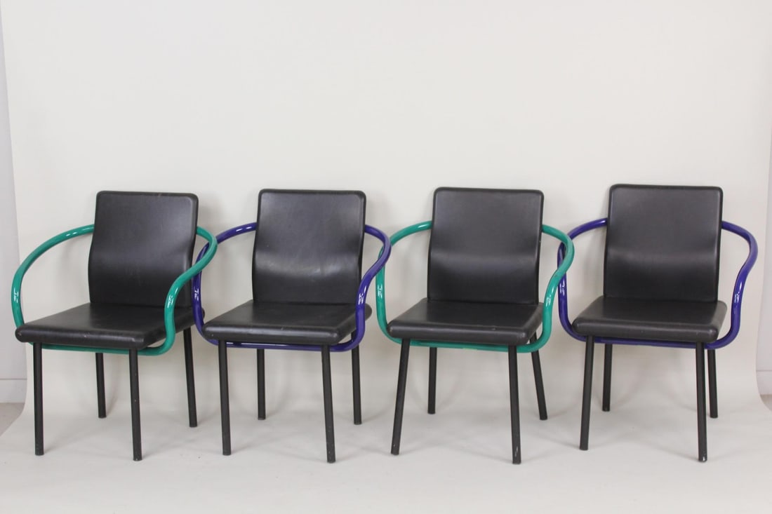 Set of 4 Postmodern 'Mandarin' Leather Chairs, Memphis Style, Ettore Sottsass for Knoll (1 of 17)