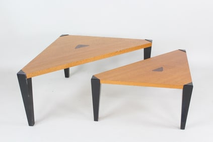 Pair of Postmodern Bench Made Triangle Side Tables, Burl & Inlaid Wood
