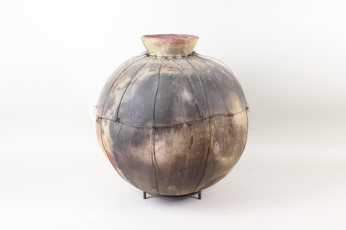 Round Wire Wrapped Studio Pottery Raku Vase on Stand, Signed (1 of 11)