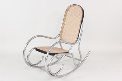 Mid-Century Modern Cesca Style Wicker & Chrome Rocking Chair, Marcel Breuer
