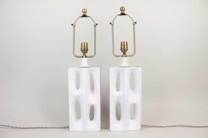 Pair of Glazed Ceramic Asymmetrical Perforated Lamps, 1 of 2