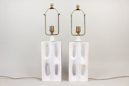 Pair of Glazed Ceramic Asymmetrical Perforated Lamps, 2 of 2