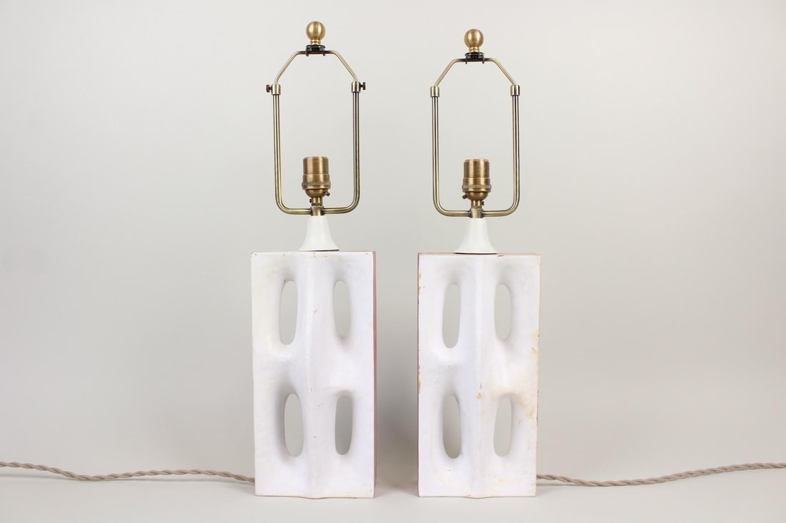 Pair of Glazed Ceramic Asymmetrical Perforated Lamps, 2 of 2 (1 of 13)