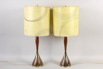 Pair of Mid-Century Modern Wood & Brass Lamps, Fiberglass Shades, Laurel Style
