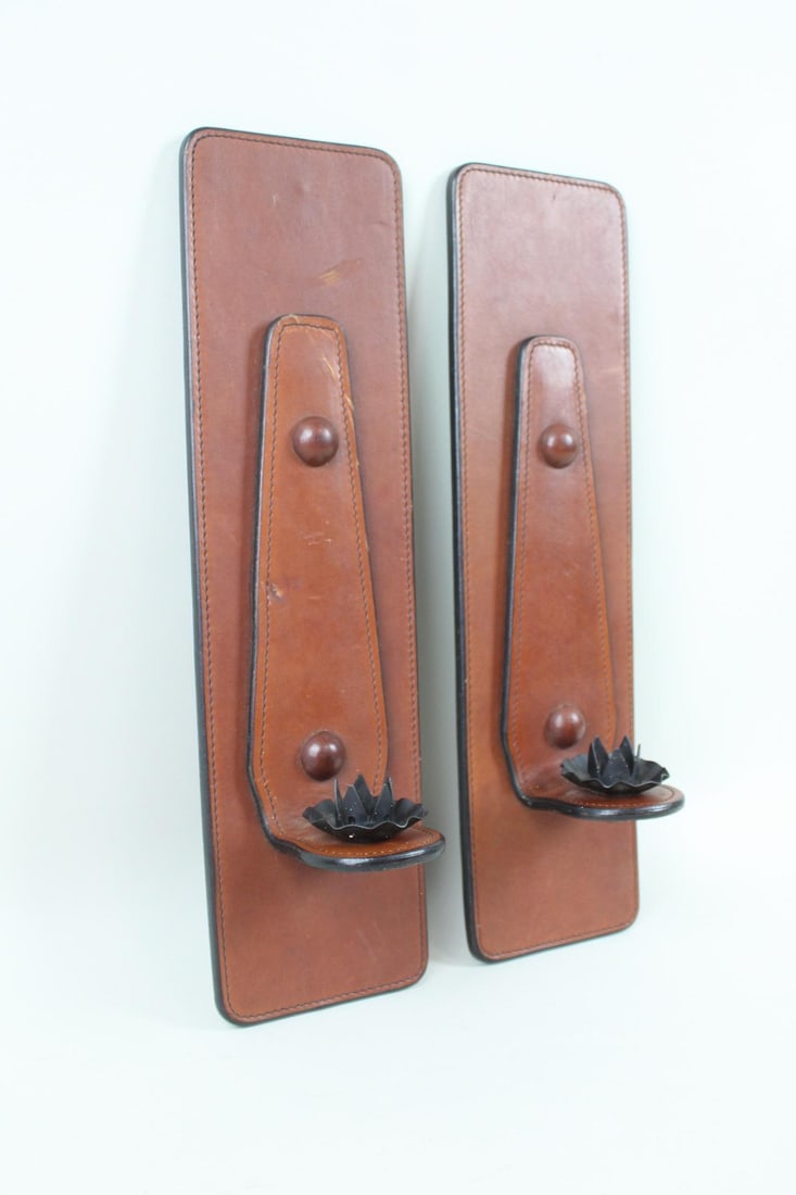 Pair of Leather Wall Sconce Candle Holders, Manner of Jacques Adnet (1 of 11)